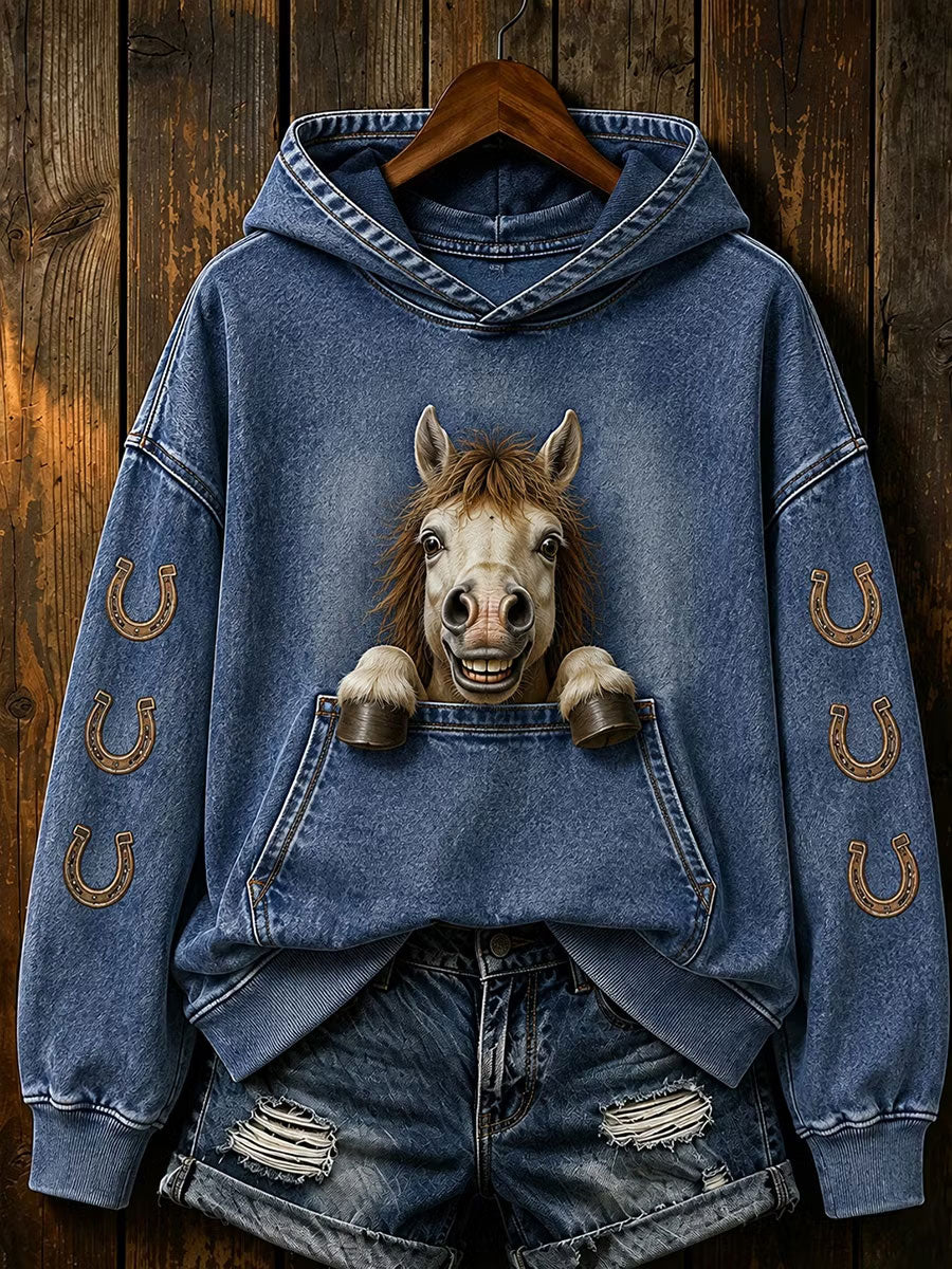 Damen-Sweatshirt mit Pferdeprint, reguläre Passform
