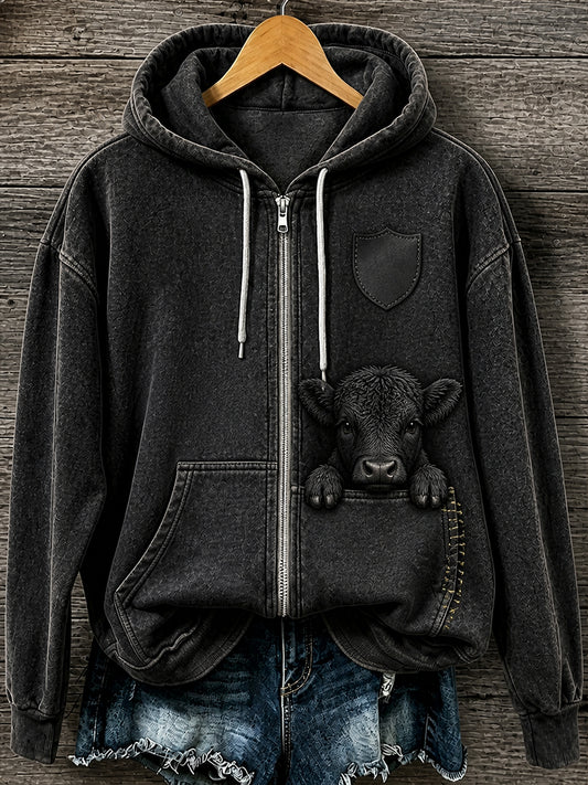 Retro Animal Print Freizeit jacke mit Kapuze Reiß verschluss
