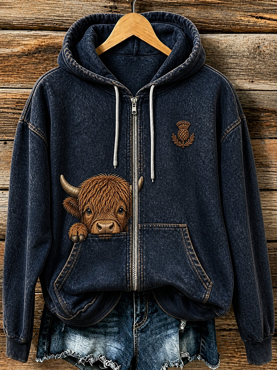Retro-Tiermuster Freizeitjacke mit Kapuze und Reißverschluss