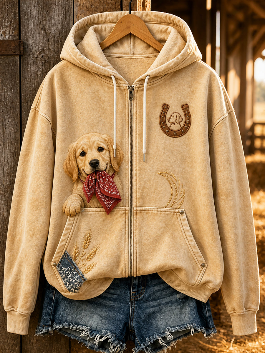 Retro-Tiermuster Freizeitjacke mit Kapuze und Reißverschluss