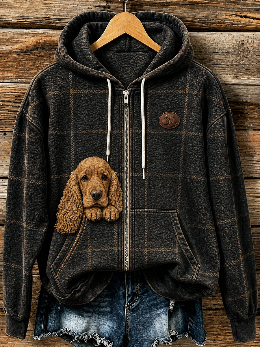 Retro-Tiermuster Freizeitjacke mit Kapuze und Reißverschluss