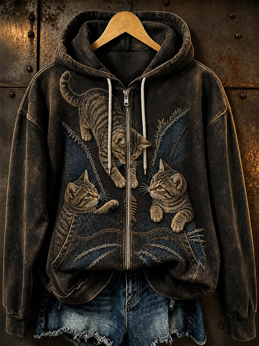 Retro-Tiermuster Freizeitjacke mit Kapuze und Reißverschluss