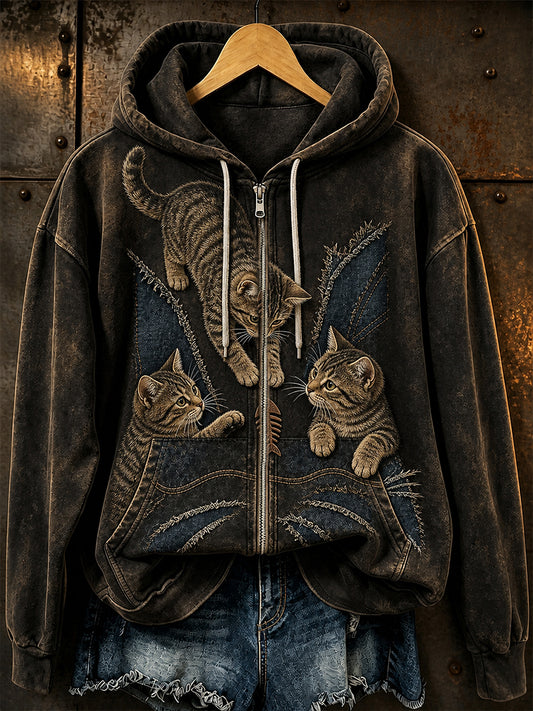 Retro-Tiermuster Freizeitjacke mit Kapuze und Reißverschluss