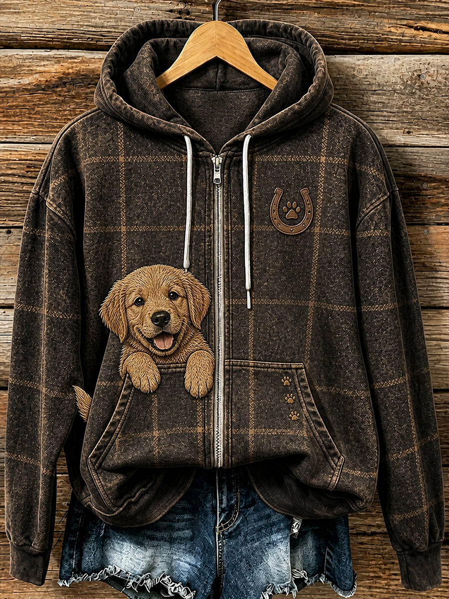 Retro-Tiermuster Freizeitjacke mit Kapuze und Reißverschluss