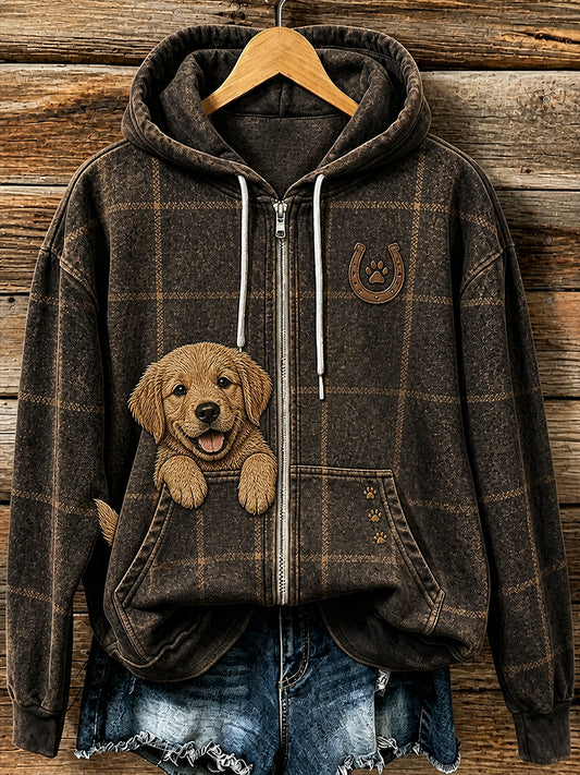 Retro-Tiermuster Freizeitjacke mit Kapuze und Reißverschluss
