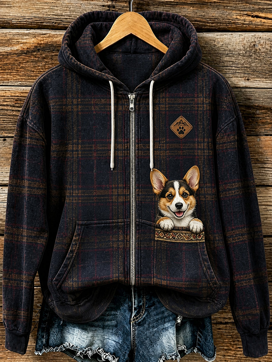Retro-Tiermuster Freizeitjacke mit Kapuze und Reißverschluss