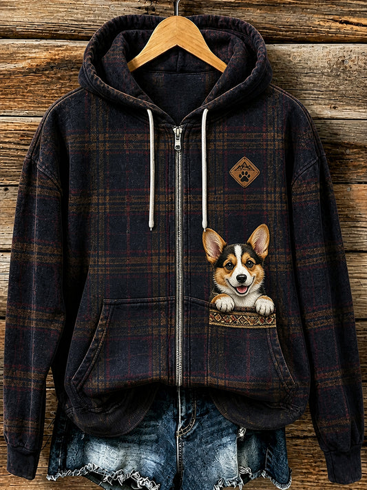 Retro-Tiermuster Freizeitjacke mit Kapuze und Reißverschluss