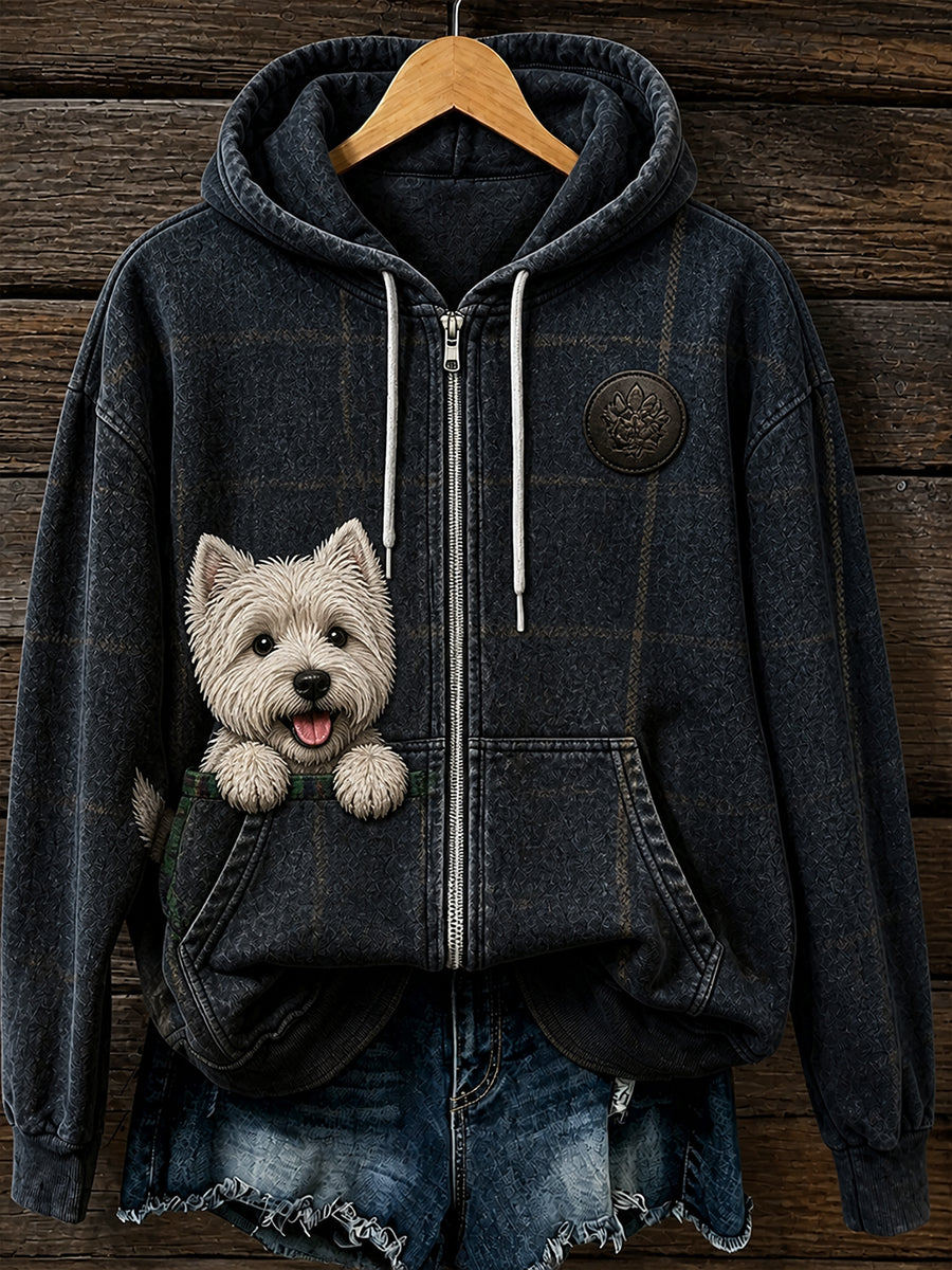 Retro-Tiermuster Freizeitjacke mit Kapuze und Reißverschluss
