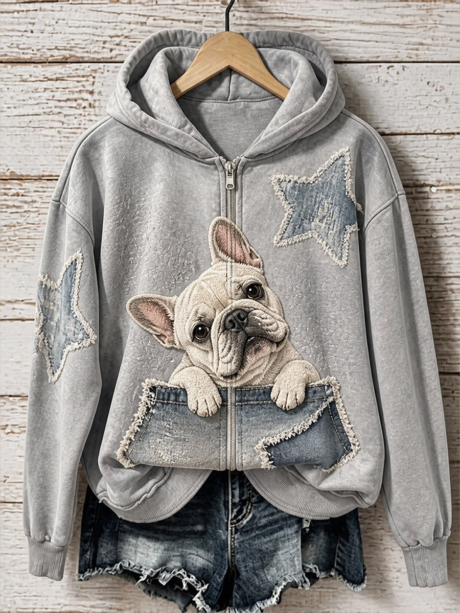 Retro-Tiermuster Freizeitjacke mit Kapuze und Reißverschluss