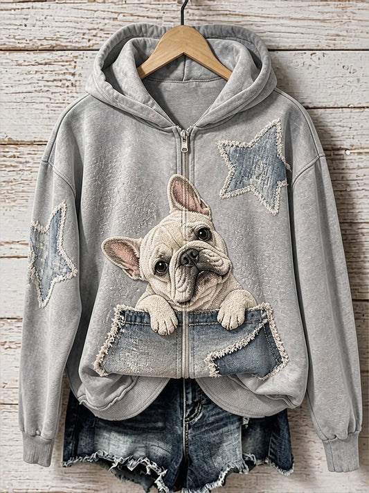 Retro-Tiermuster Freizeitjacke mit Kapuze und Reißverschluss