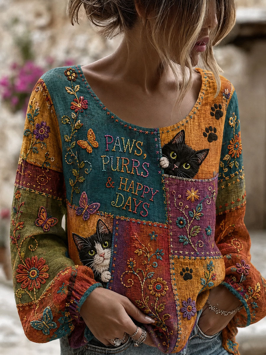Damen-Langarm-Top im Patchwork-Stil mit Katzenmuster, lässig geschnitten