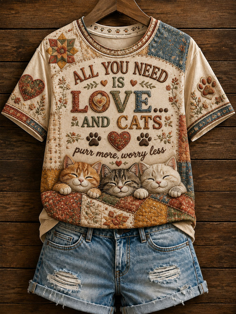 Damen-Lässiges T-Shirt mit niedlichem Patchwork-Katzenmuster