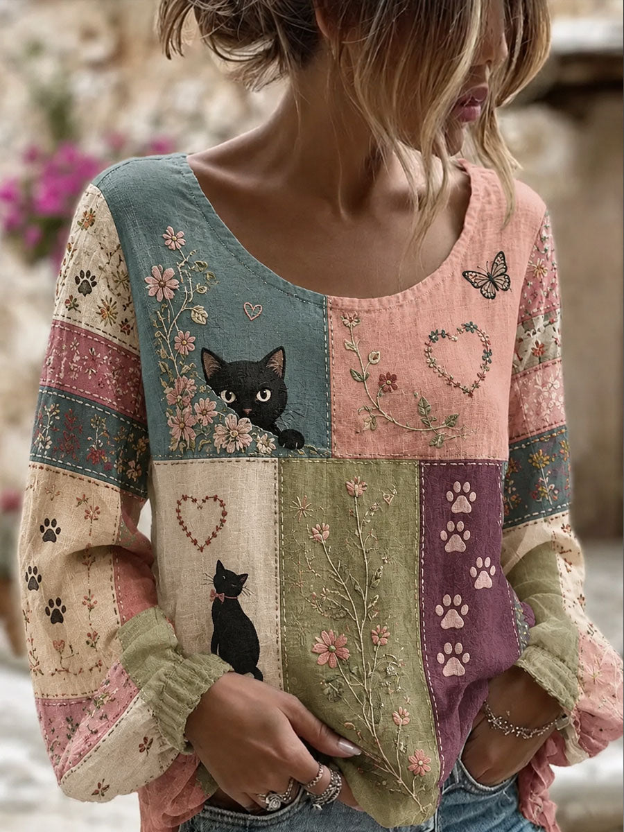 Damen Patchwork Cat Print Lässiges Langarm-Top