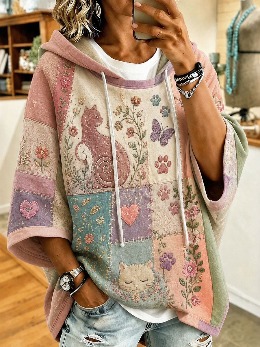 Damen niedliches Patchwork Katzen-Print Casual Hoodie