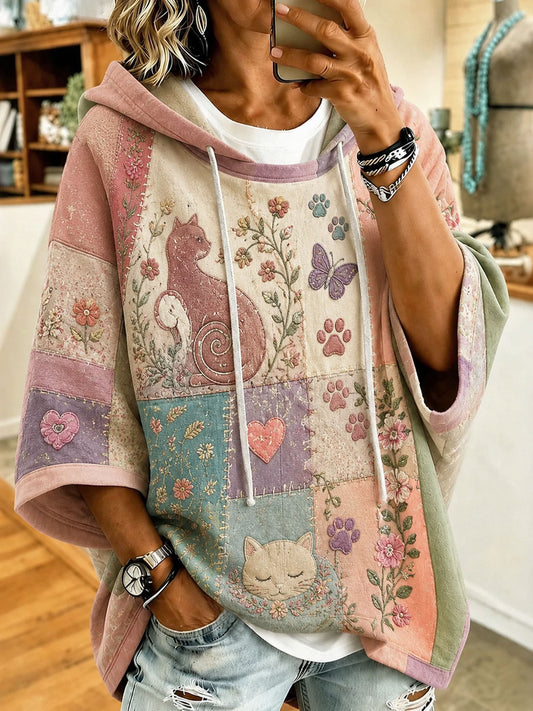 Damen niedliches Patchwork Katzen-Print Casual Hoodie