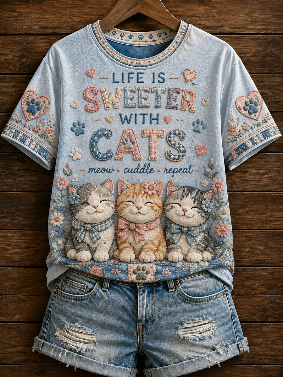 Damen-Lässiges T-Shirt mit niedlichem Patchwork-Katzenmuster