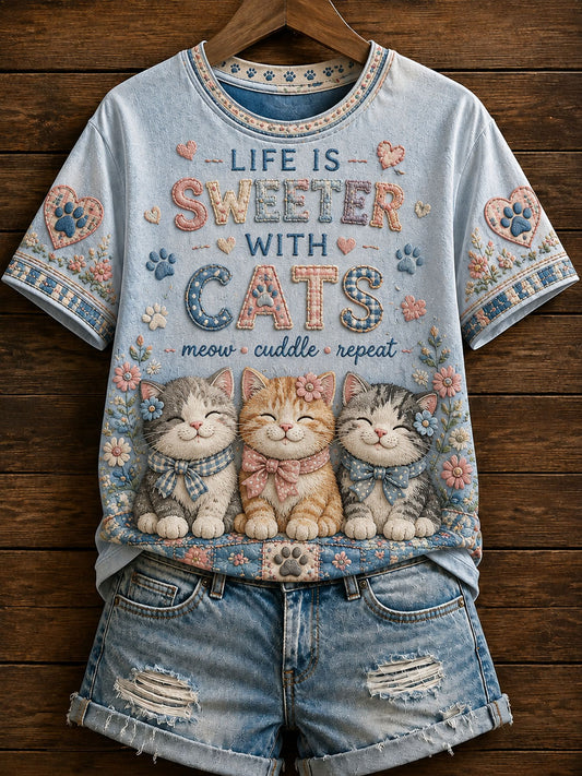Damen-Lässiges T-Shirt mit niedlichem Patchwork-Katzenmuster