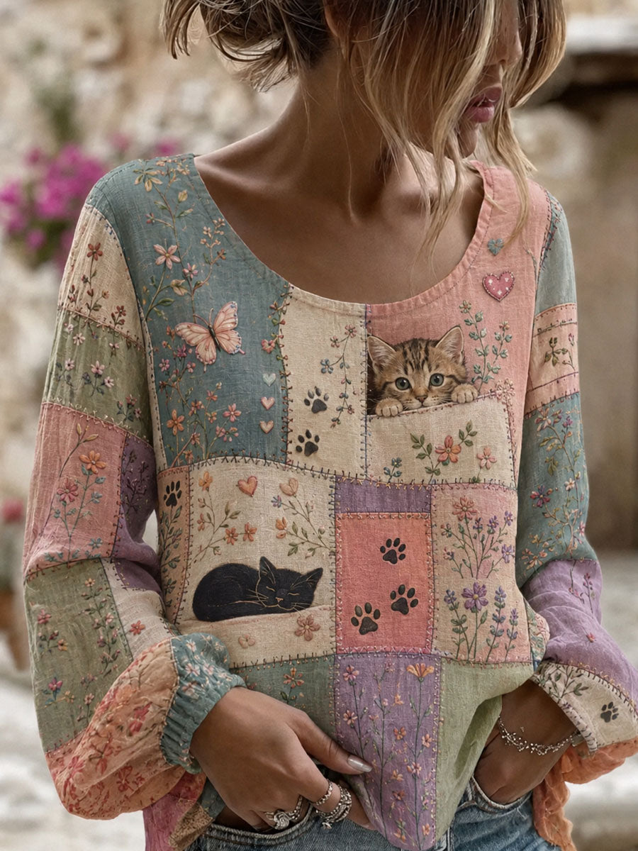 Damen-Langarm-Top im Patchwork-Stil mit Katzenmuster, lässig geschnitten