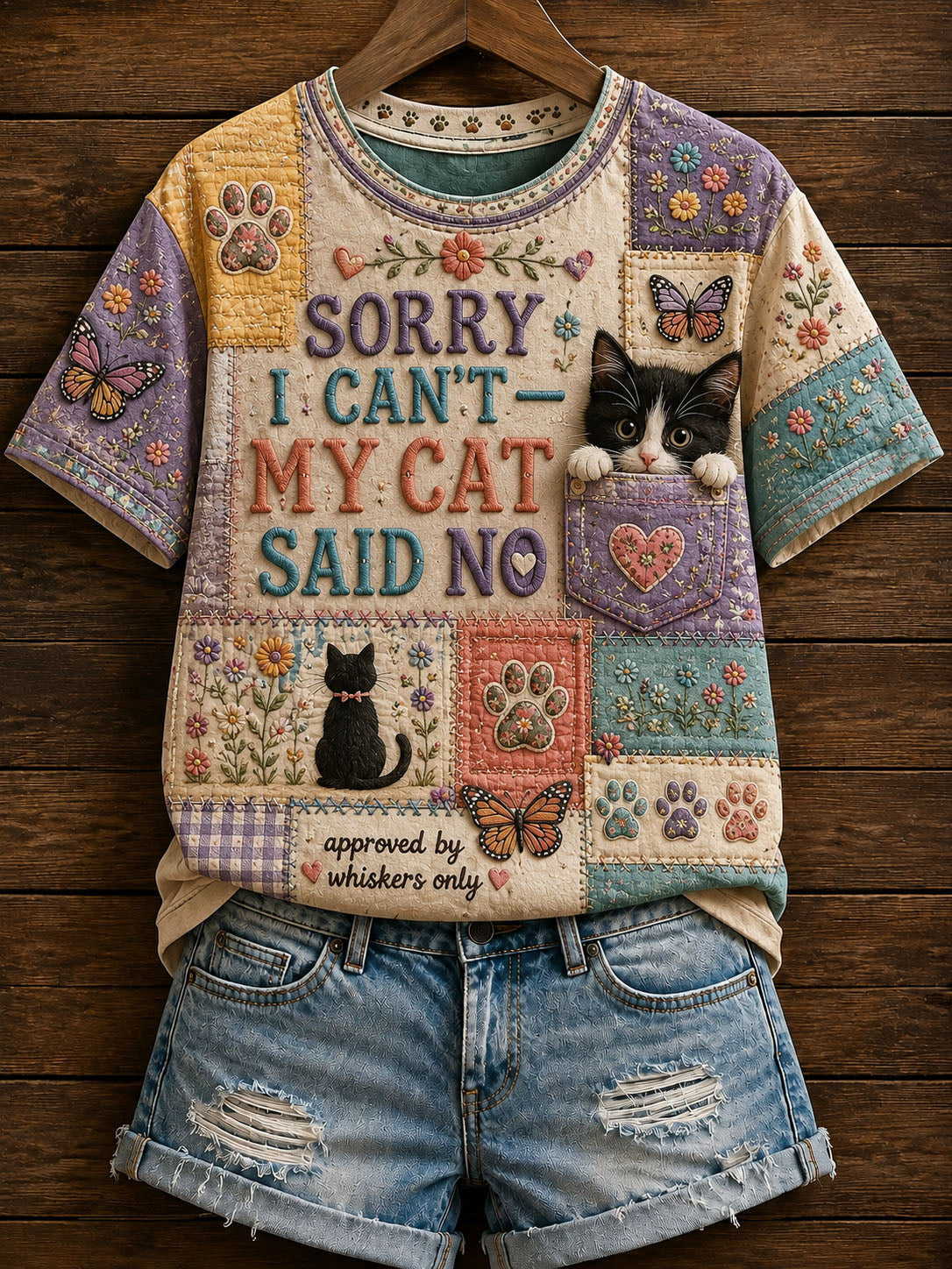 Niedliches Patchwork-Katzen-Print-T-Shirt für Frauen