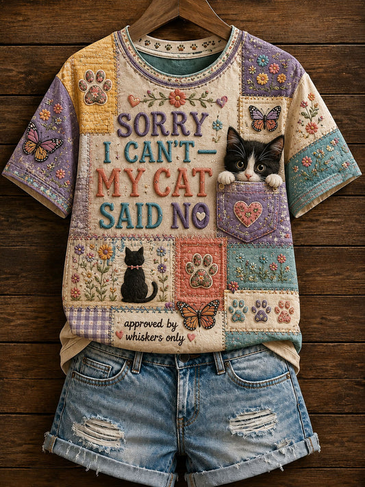 Niedliches Patchwork-Katzen-Print-T-Shirt für Frauen
