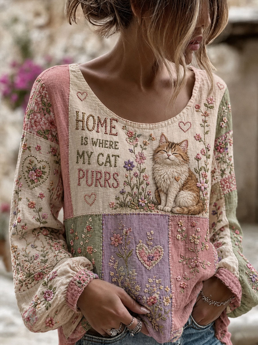 Damen-Langarm-Top im Patchwork-Stil mit Katzenmuster, lässig geschnitten