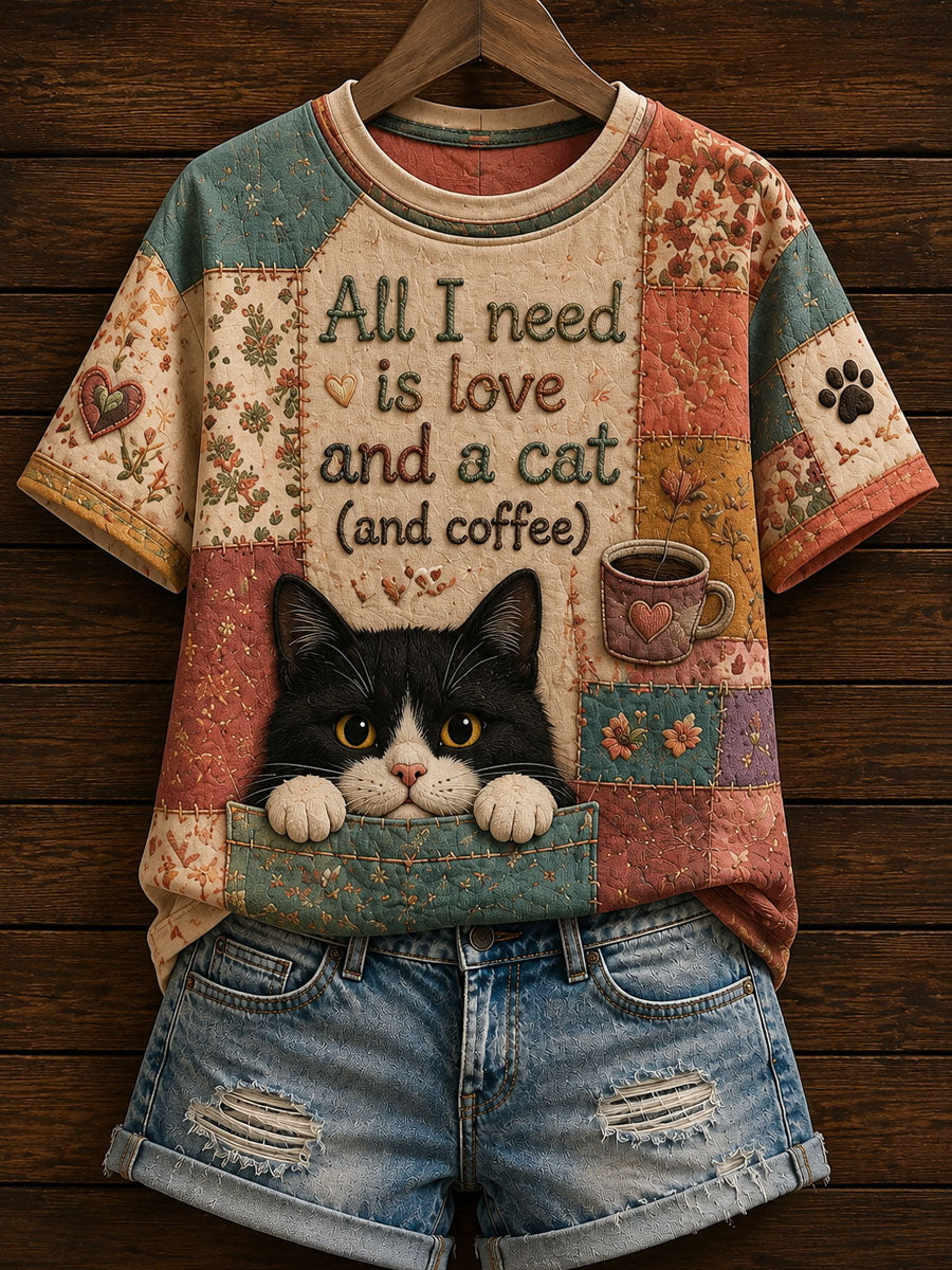 Damen-Lässiges T-Shirt mit niedlichem Patchwork-Katzenmuster