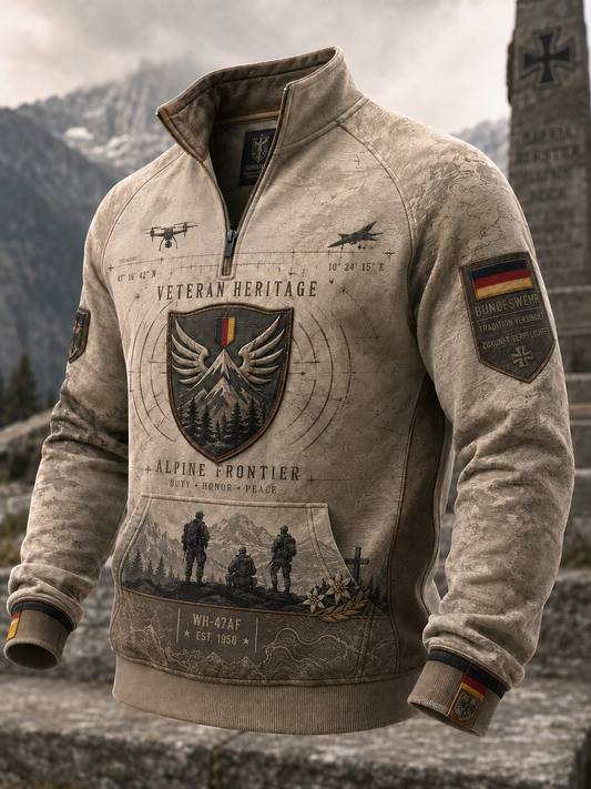 Herren-Sweatshirt im deutschen Veteranenstil mit halbem Reißverschluss und Stehkragen
