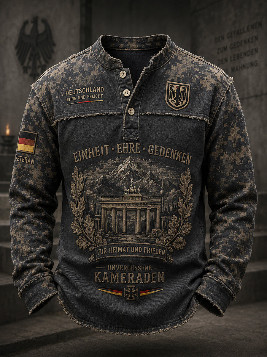 Herren-Top in Vintage-Stil mit Militär-Camouflage-Print und langen Ärmeln