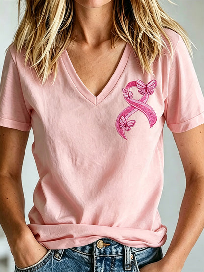 Damen-T-Shirt mit V-Ausschnitt und Aufdruck zur Brustkrebsaufklärung