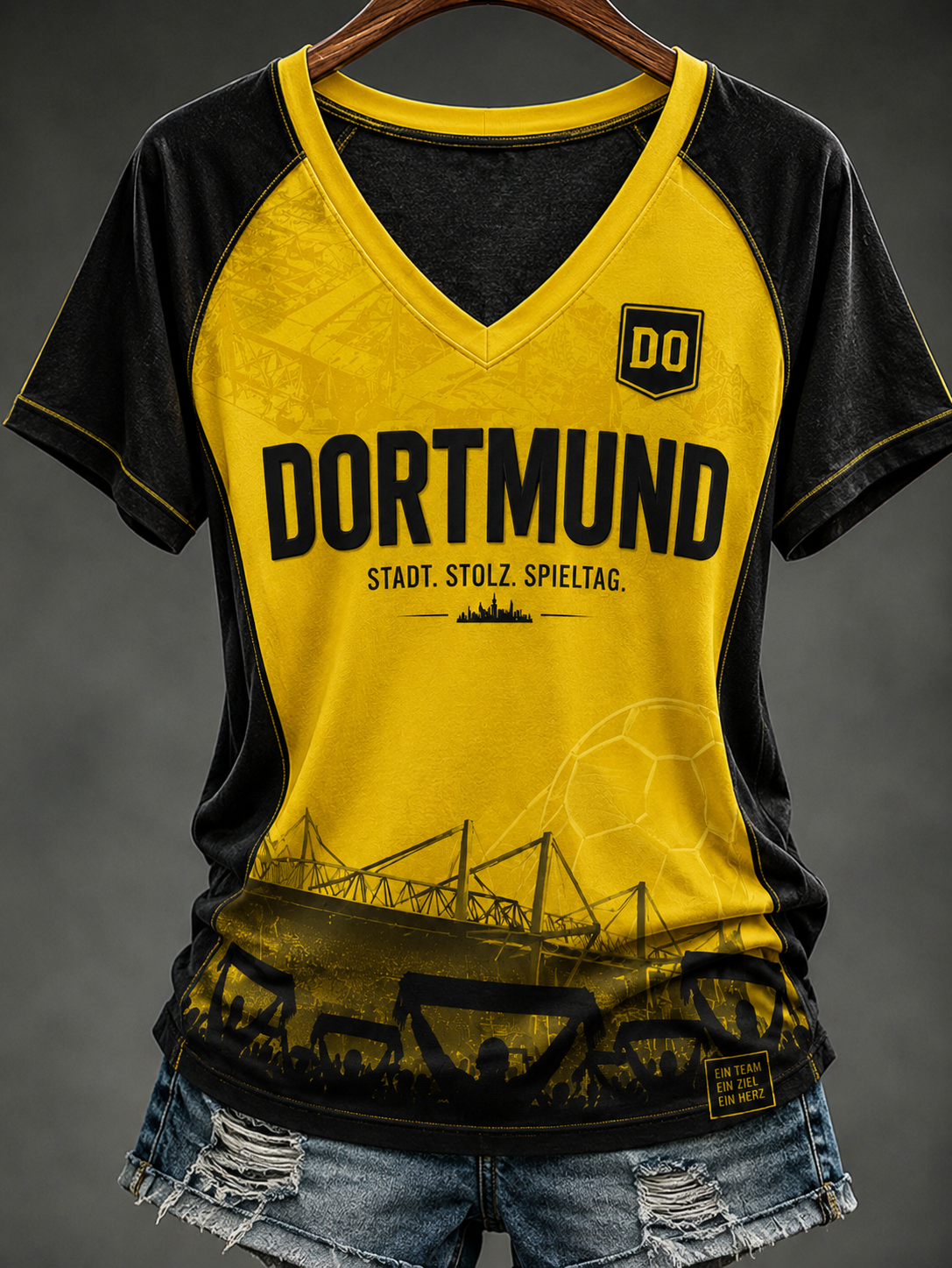 Damen-T-Shirt mit V-Ausschnitt und schulterfreiem Design sowie kurzen Ärmeln in Dortmund