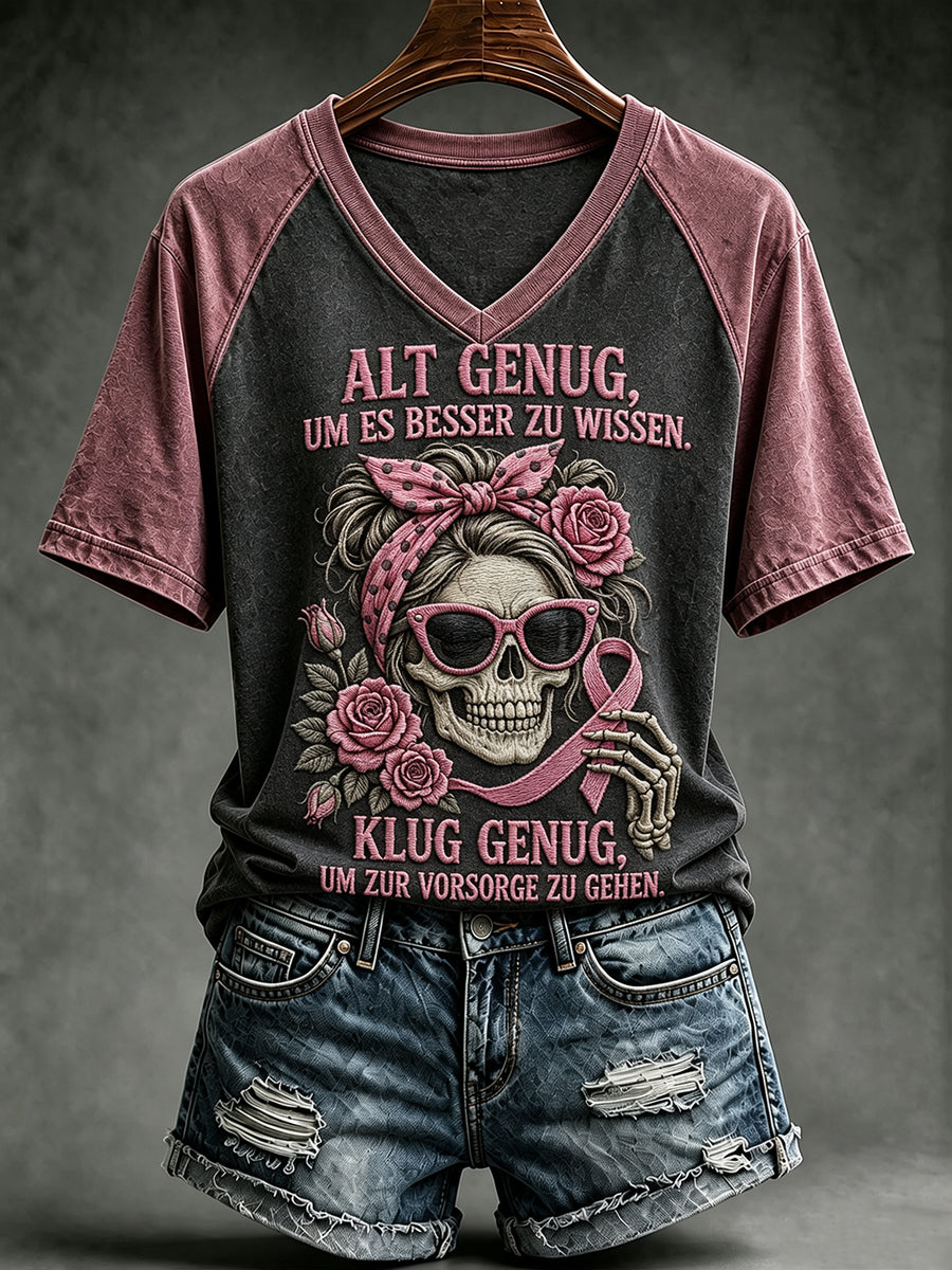 Frauen-T-Shirt mit witzigem Brustkrebsbewusstseins-Slogan und V-Ausschnitt