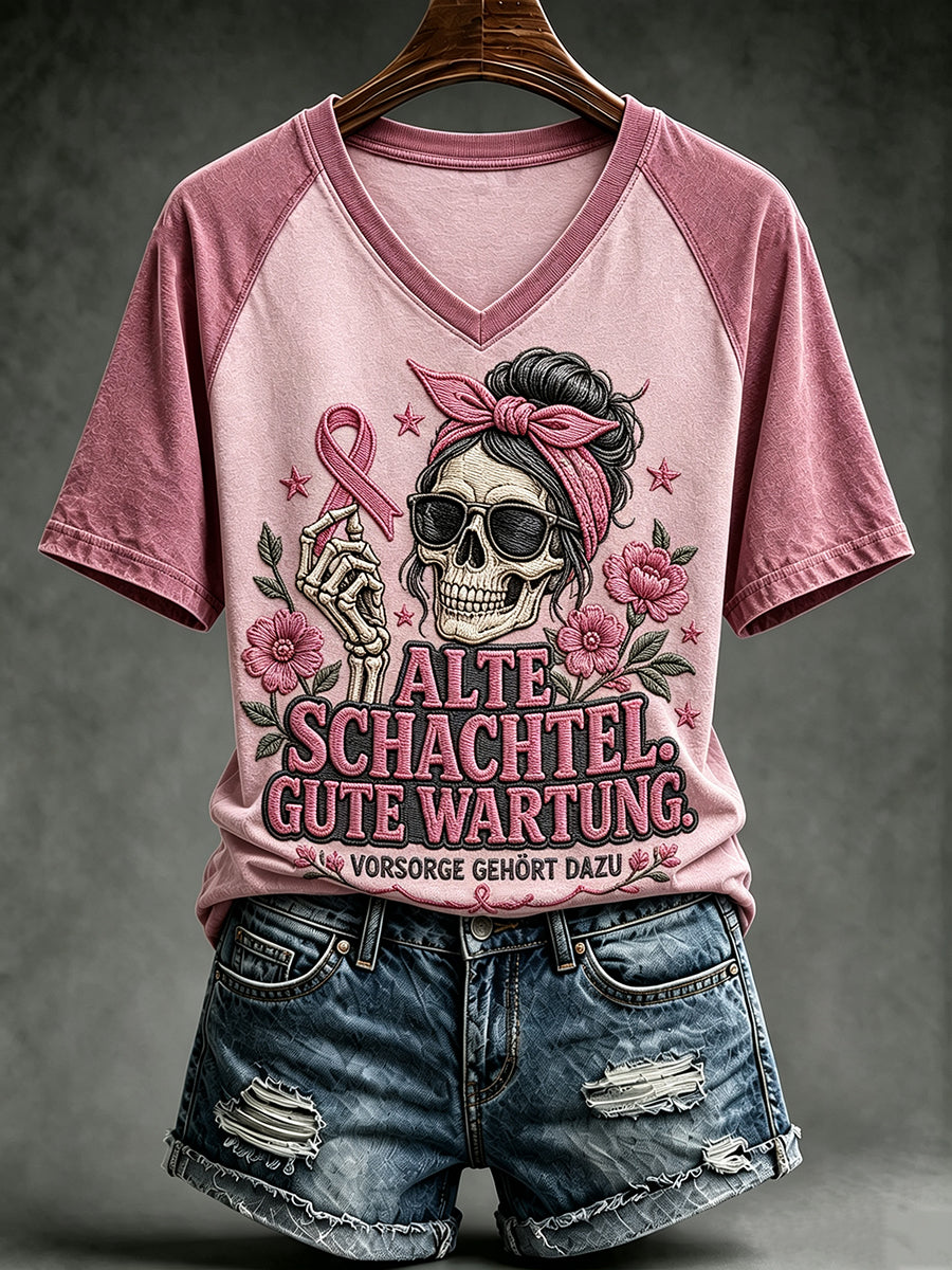 Frauen-T-Shirt mit witzigem Brustkrebsbewusstseins-Slogan und V-Ausschnitt