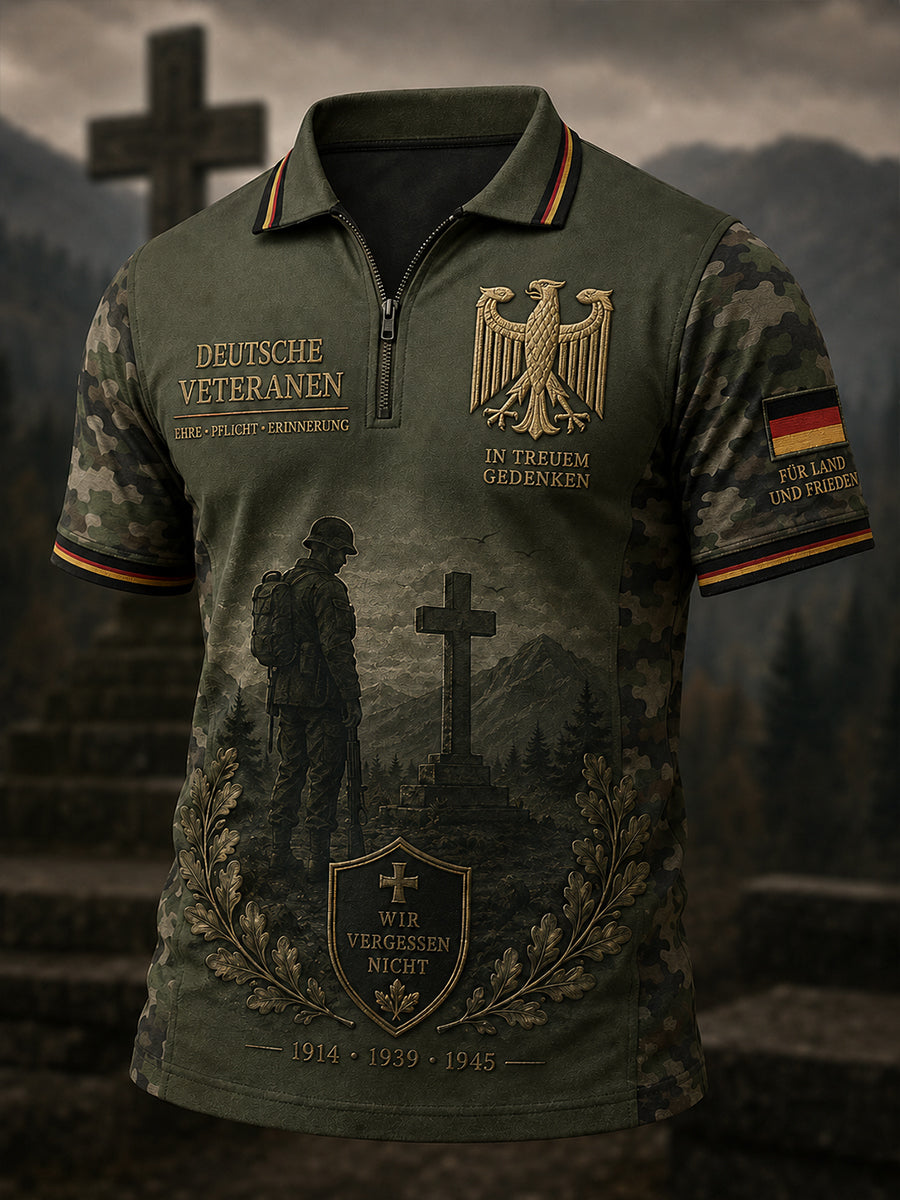 Herren-Poloshirt im Vintage-Stil mit Veteranen-Print, kurzen Ärmeln und durchgehendem Reißverschluss auf der Vorderseite