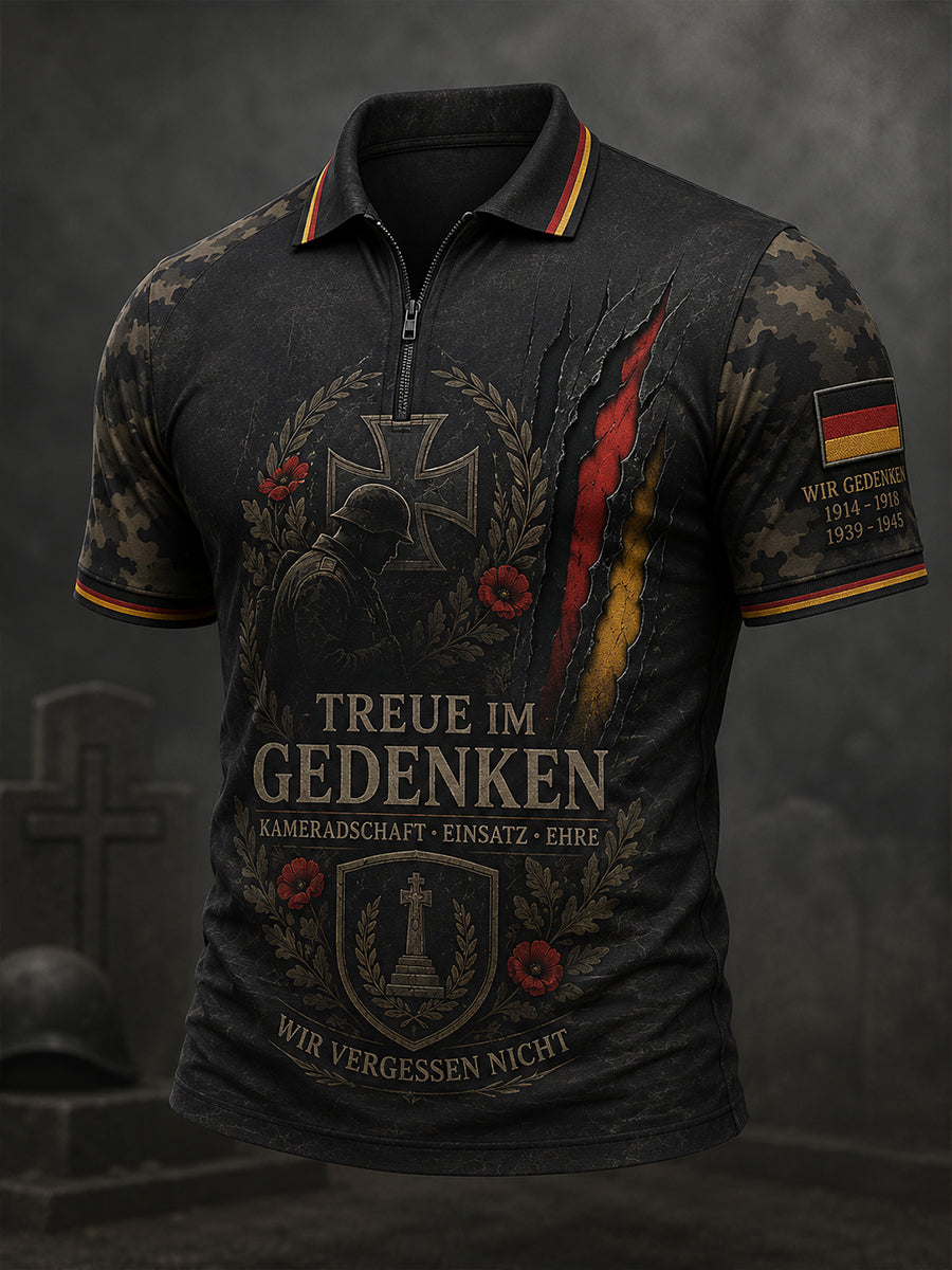 Herren-Poloshirt im Vintage-Stil mit Veteranen-Print, kurzen Ärmeln und durchgehendem Reißverschluss auf der Vorderseite