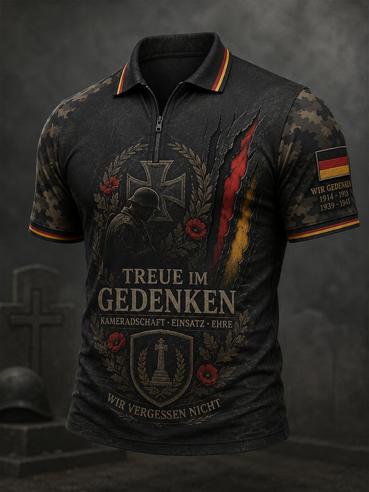 Herren-Poloshirt im Vintage-Stil mit Veteranen-Print, kurzen Ärmeln und durchgehendem Reißverschluss auf der Vorderseite