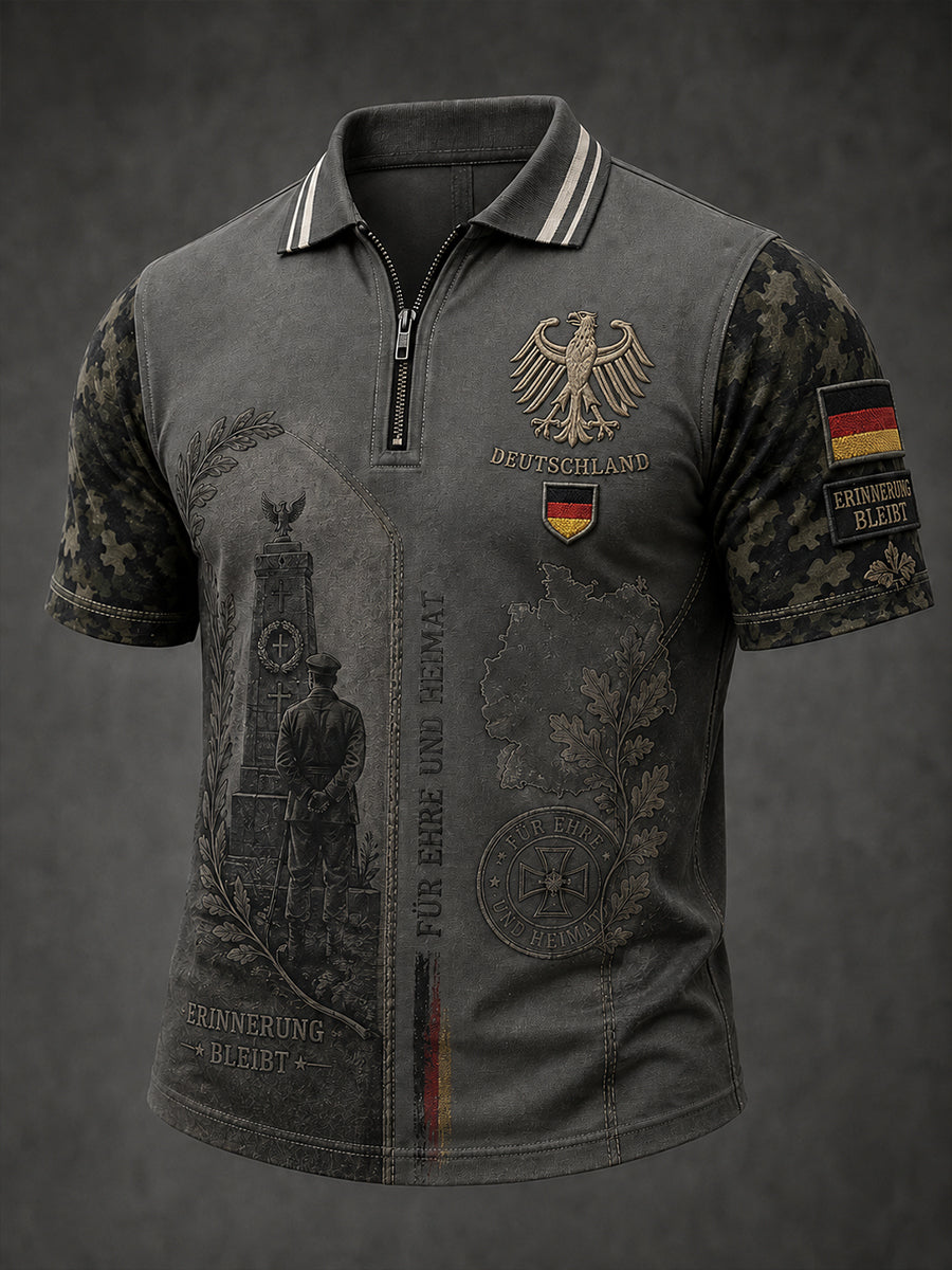Herren-Poloshirt im Vintage-Stil mit Veteranen-Print, kurzen Ärmeln und durchgehendem Reißverschluss auf der Vorderseite