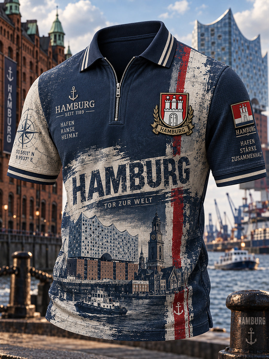 Herren-Poloshirt im Vintage-Stil mit städtischem Grafik-Print und durchgehendem Reißverschluss vorn, kurze Ärmel