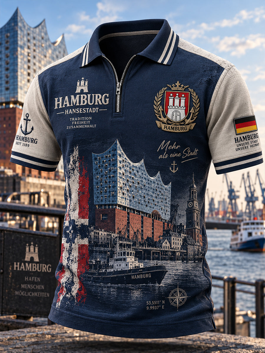 Herren-Poloshirt im Vintage-Stil mit städtischem Grafik-Print und durchgehendem Reißverschluss vorn, kurze Ärmel