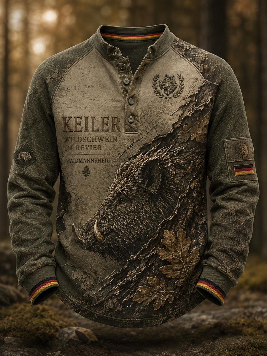 Herren-T-Shirt mit Aufdruck zur deutschen Jagdsaison, lässig, mit Knöpfen
