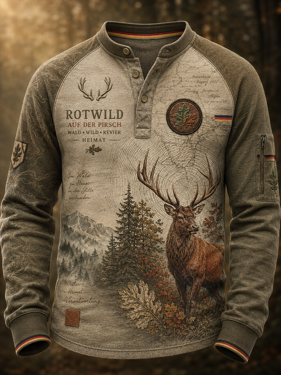 Herren-T-Shirt mit Aufdruck zur deutschen Jagdsaison, lässig, mit Knöpfen