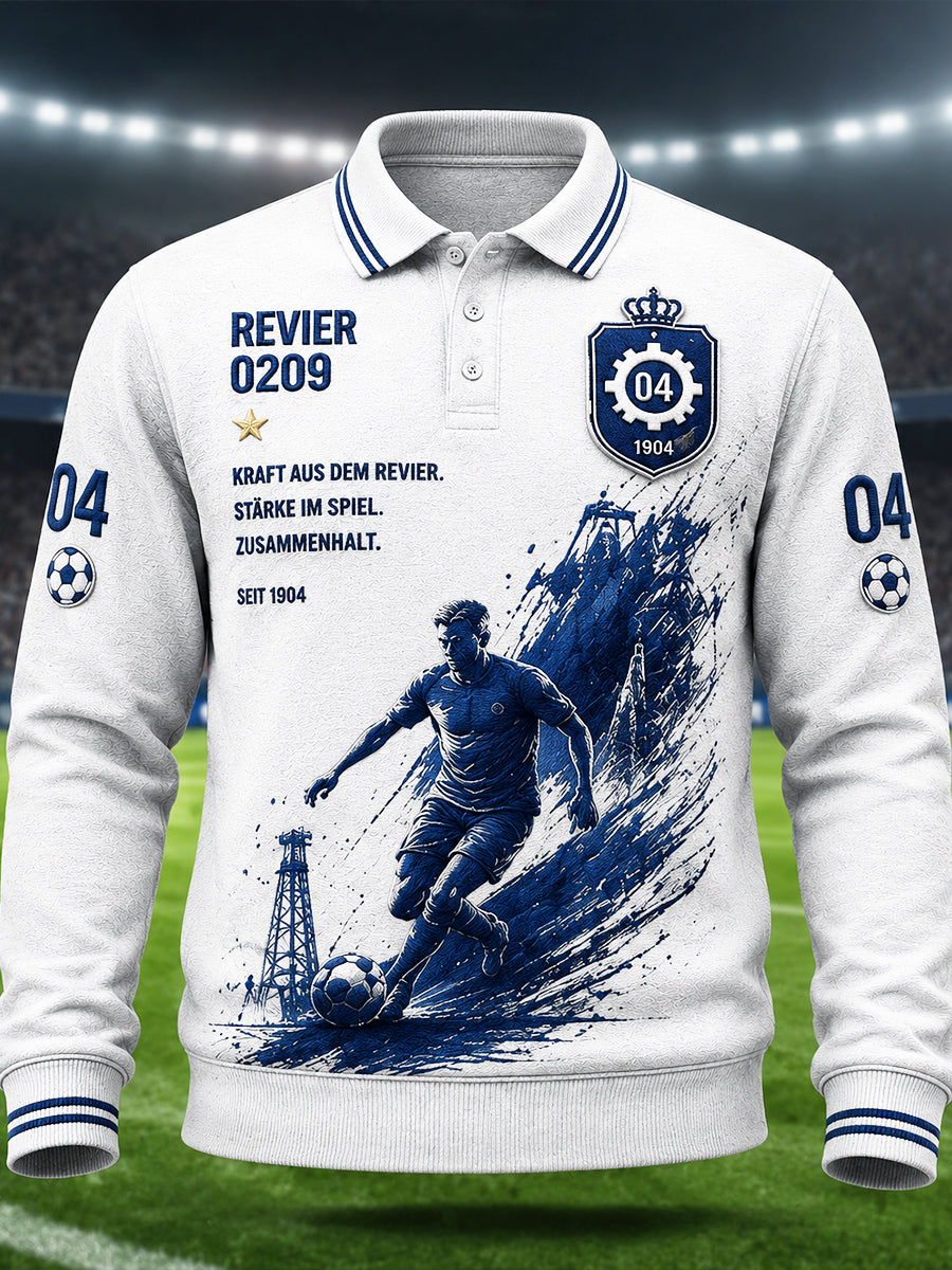 Herrenweißes, gestreiftes Freizeit-Poloshirt im deutschen Schalke-Design mit Langarm