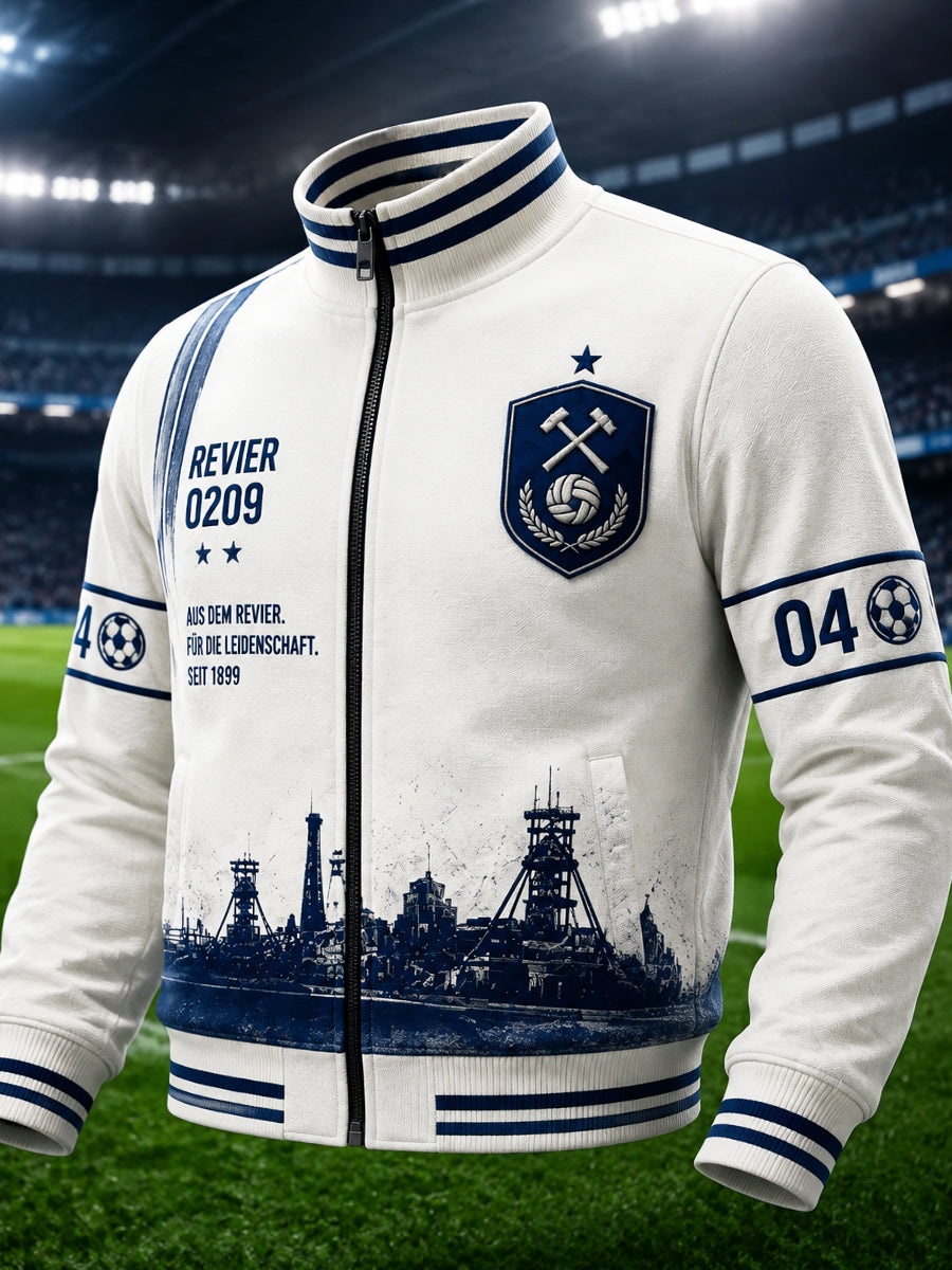 Herrenweiße Freizeitjacke der deutschen Bundesliga mit Schalke-Print und Reißverschluss