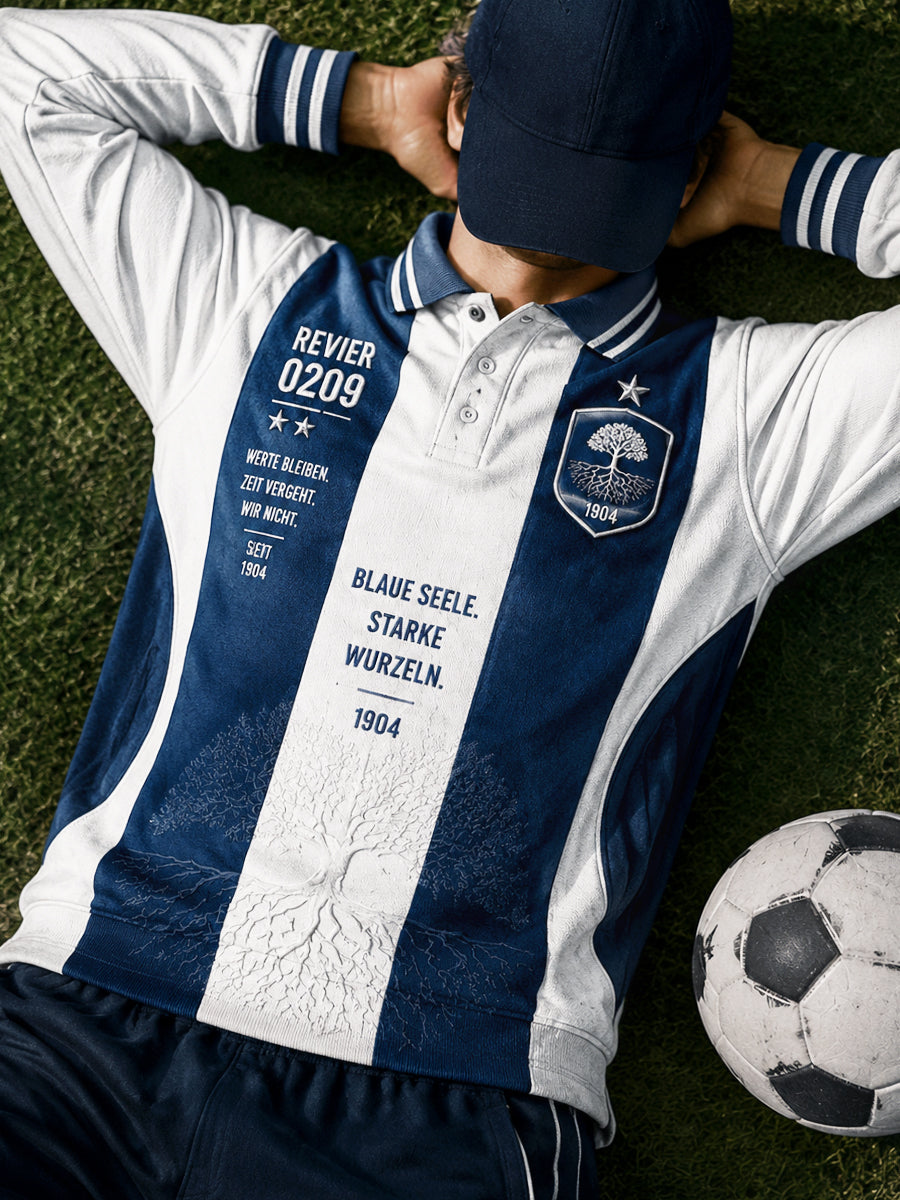 Herren-Deutsche-Bundesliga-Schalke-Fußball-Poloshirt mit gestreiftem Print und langen Ärmeln, lässig geschnitten
