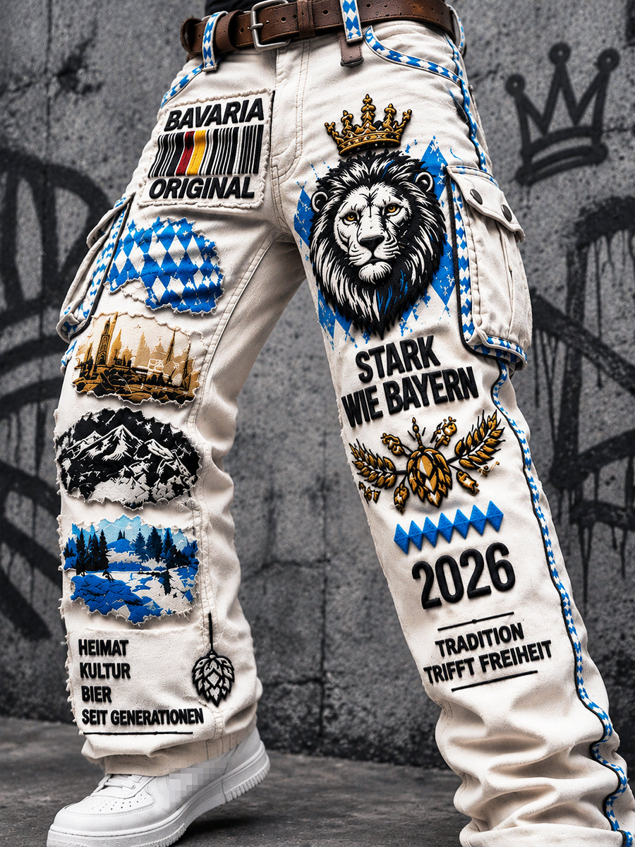 Herrenhose in Weiß mit Oktoberfest-Patchwork-Print für Freizeit und Arbeit