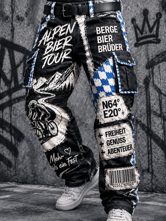Herrenhose in Schwarz mit Patchwork-Print für den Alltag und die Arbeit, Münchner Oktoberfest‑Style
