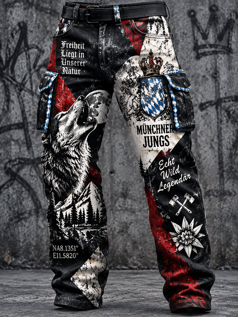 Herren-Hose im Retro-Stil mit Münchner Oktoberfest- und Patchwork-Print, lässig für die Arbeit