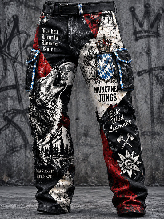 Herren-Hose im Retro-Stil mit Münchner Oktoberfest- und Patchwork-Print, lässig für die Arbeit