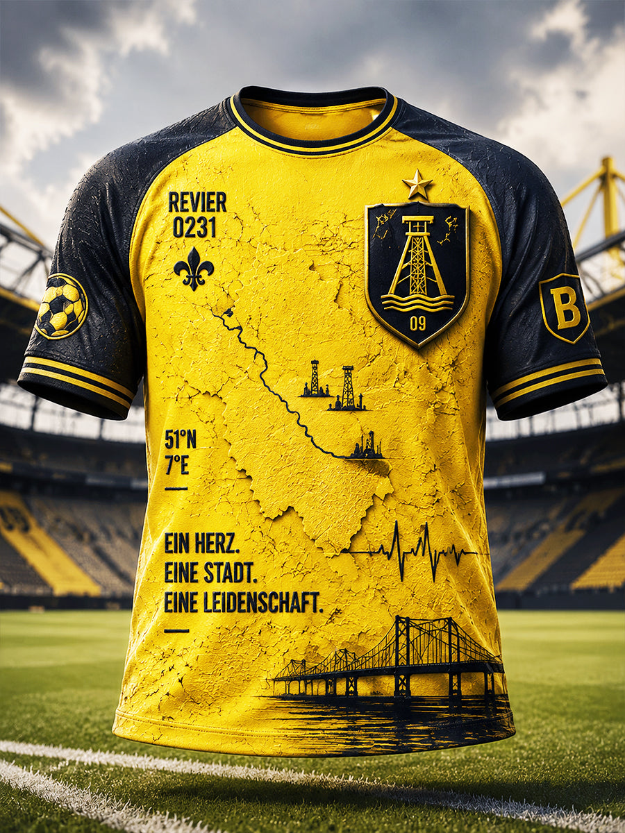 Herren-Gelbes, deutsches Fußball-Patchwork‑T-Shirt mit Ballspielverein‑Borussia‑Print, lässig geschnitten