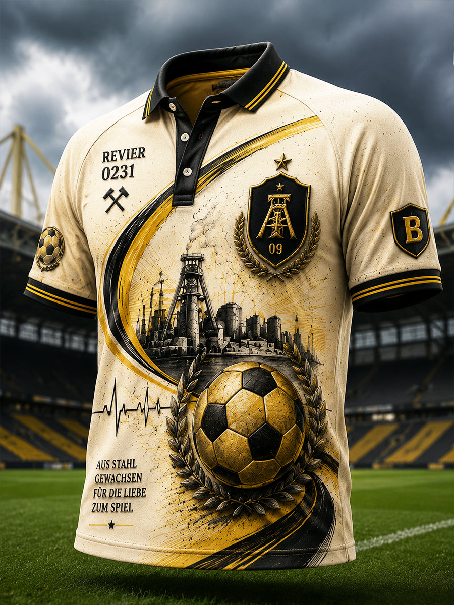 Herren-FC-Borussia-Fußball-Retro-Print-Lässiges-Polo-Hemd