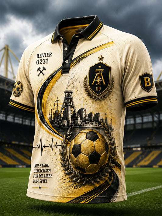 Herren-FC-Borussia-Fußball-Retro-Print-Lässiges-Polo-Hemd